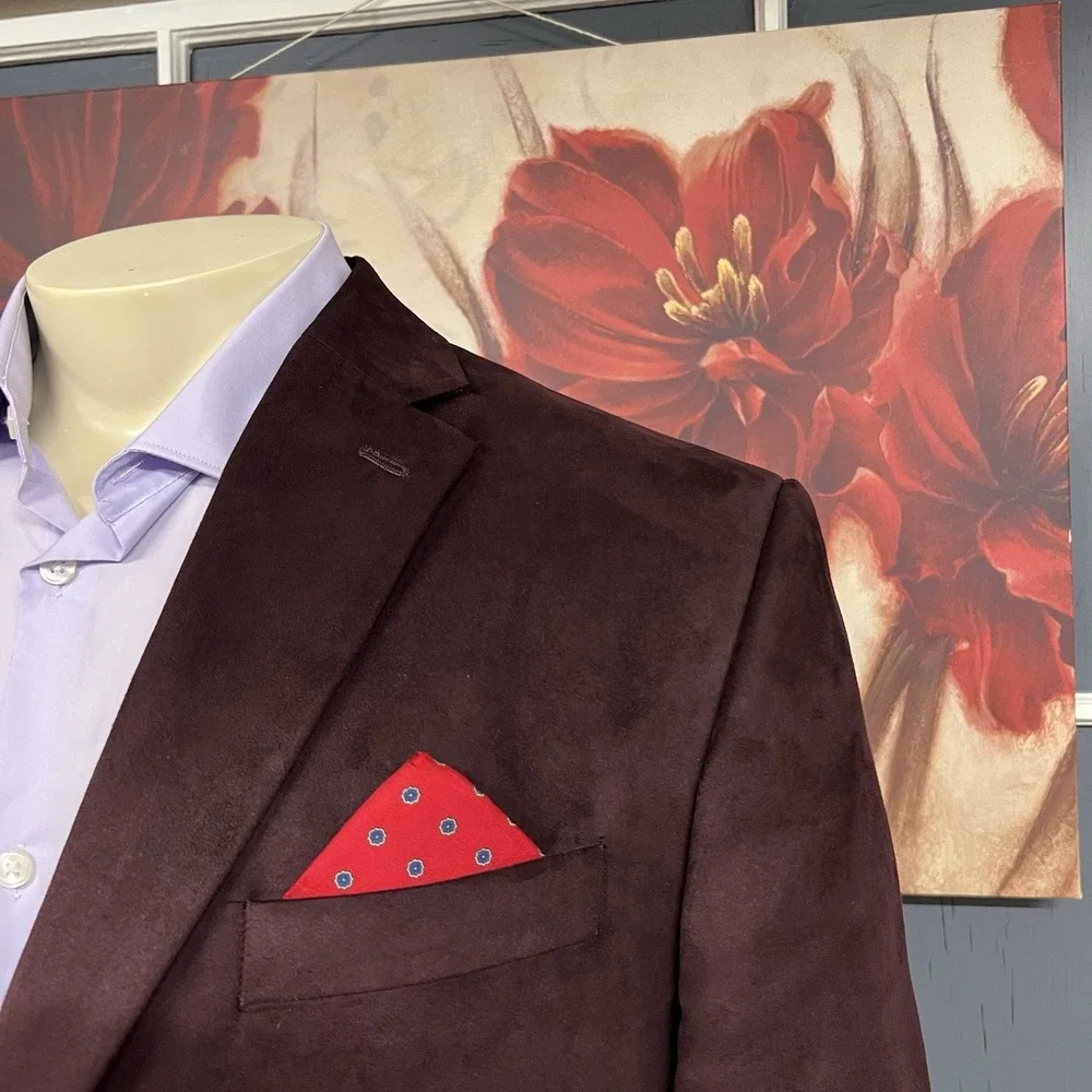 Lauren Ralph Lauren Sueded Blazer Sport Coat Mens 44L Long Polyester Burgundy